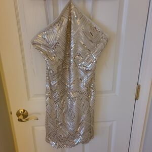 Crystal Doll Strapless Sequin Dress in Silver and Cream